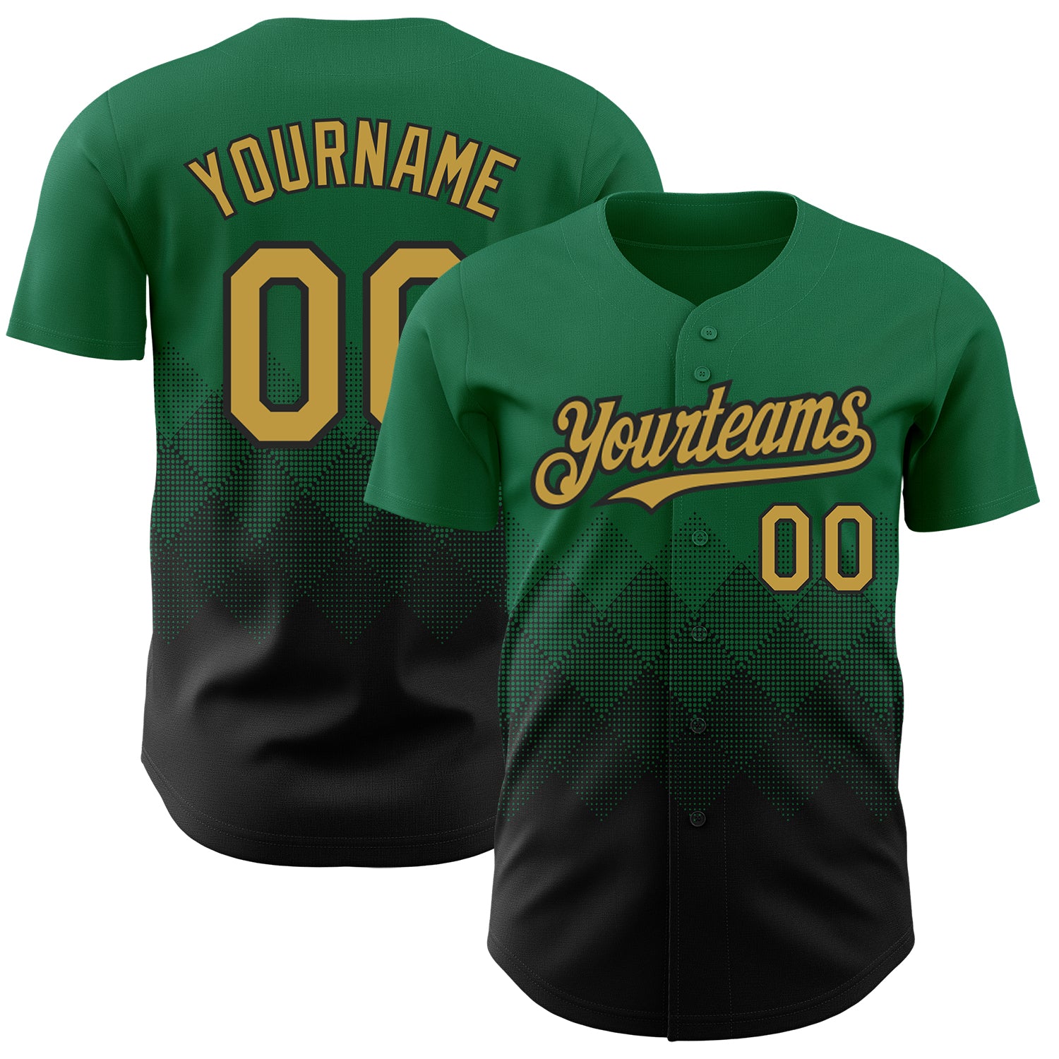 Custom Name and Number Personalized Baseball Jersey with 3D Pattern Design in Kelly Green Old Gold-Black Square Shapes Personalized