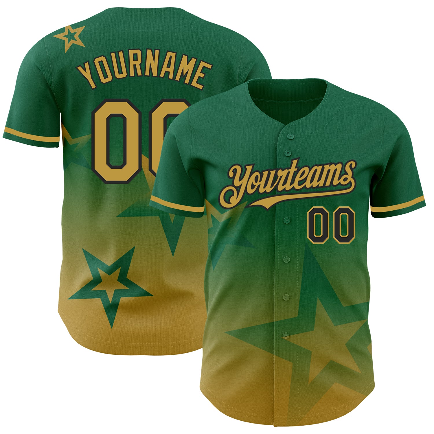 Personalized Baseball Jersey with Custom Name and Number, 3D Twinkle Star Gradient Design in Kelly Green and Old Gold-Black