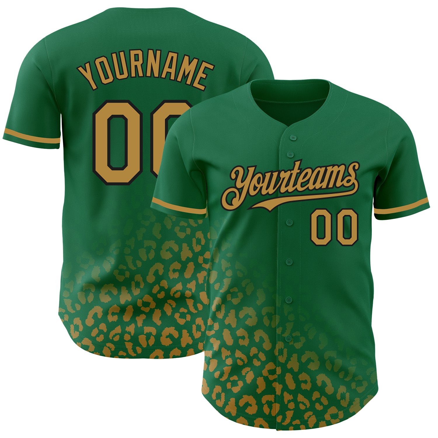 Custom Name and Number Personalized Leopard Print Baseball Jersey - 3D Pattern Design in Kelly Green and Old Gold-Black Personalized