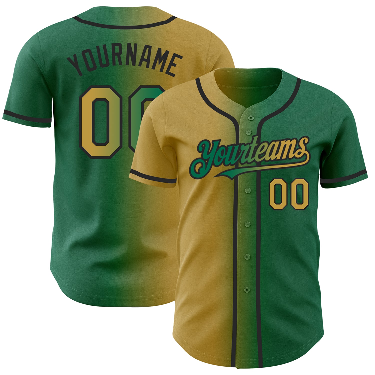 Custom Name and Number Baseball Jersey - Personalized Kelly Green Old Gold-Black Gradient Fashion Jersey Personalized Kelly