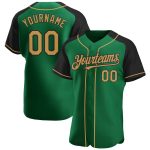 Personalized Baseball Jersey with Custom Name and Number in Kelly Green and Old Gold-Black Raglan Sleeves Personalized Kelly
