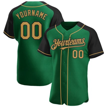 Personalized Baseball Jersey with Custom Name and Number in Kelly Green and Old Gold-Black Raglan Sleeves Personalized Kelly