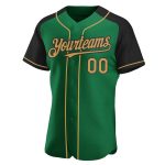 Personalized Baseball Jersey with Custom Name and Number in Kelly Green and Old Gold-Black Raglan Sleeves Personalized Kelly