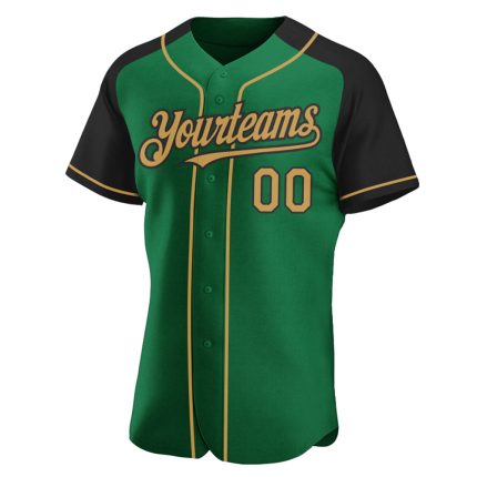 Personalized Baseball Jersey with Custom Name and Number in Kelly Green and Old Gold-Black Raglan Sleeves Personalized Kelly
