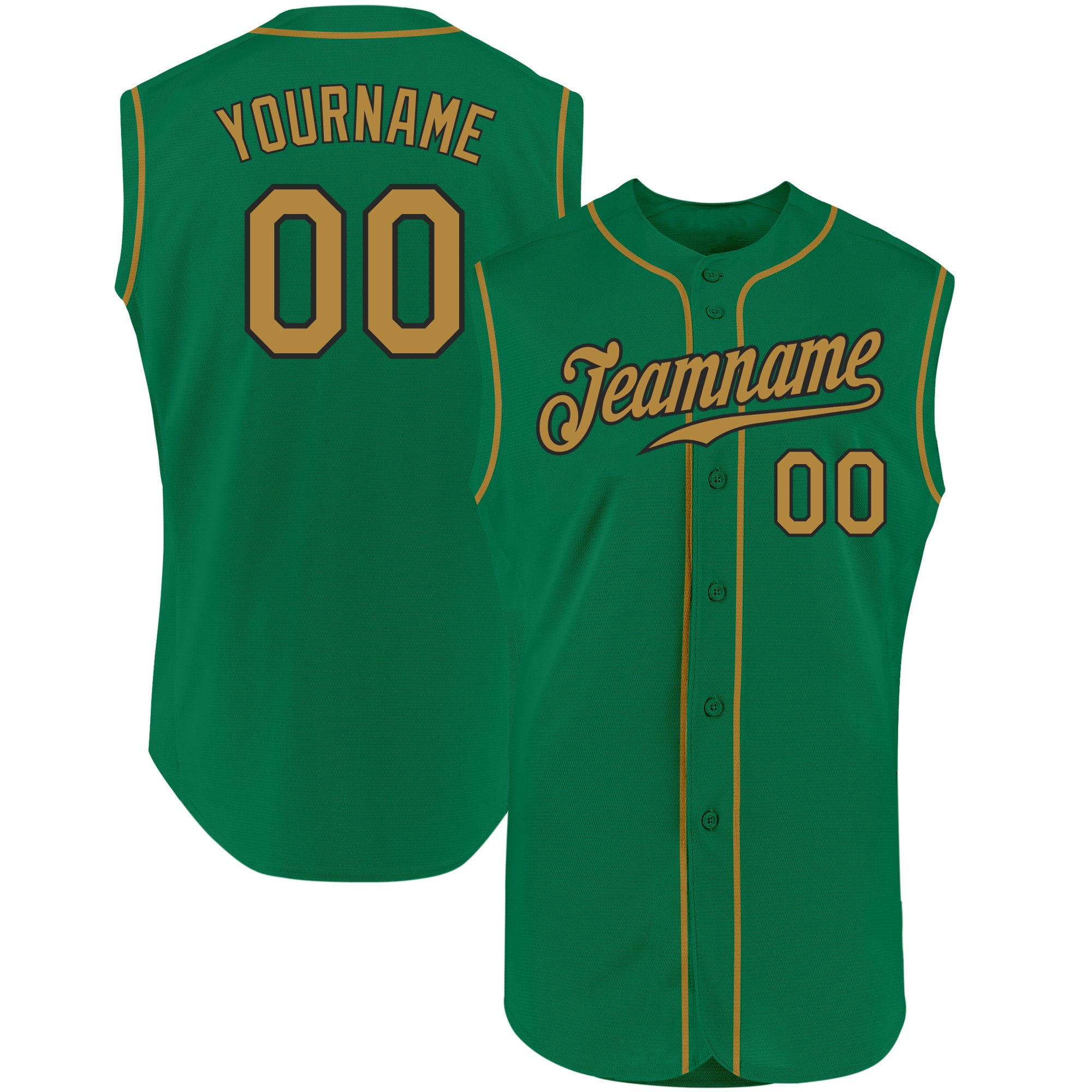 Custom Team Baseball Jersey with Name and Number - Kelly Green, Old Gold, Black, Authentic, Sleeveless Personalized Kelly