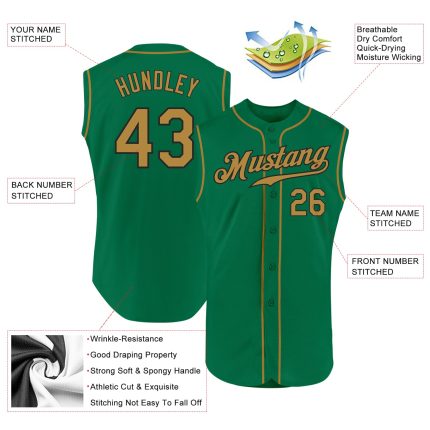 Custom Team Baseball Jersey with Name and Number - Kelly Green, Old Gold, Black, Authentic, Sleeveless Personalized Kelly