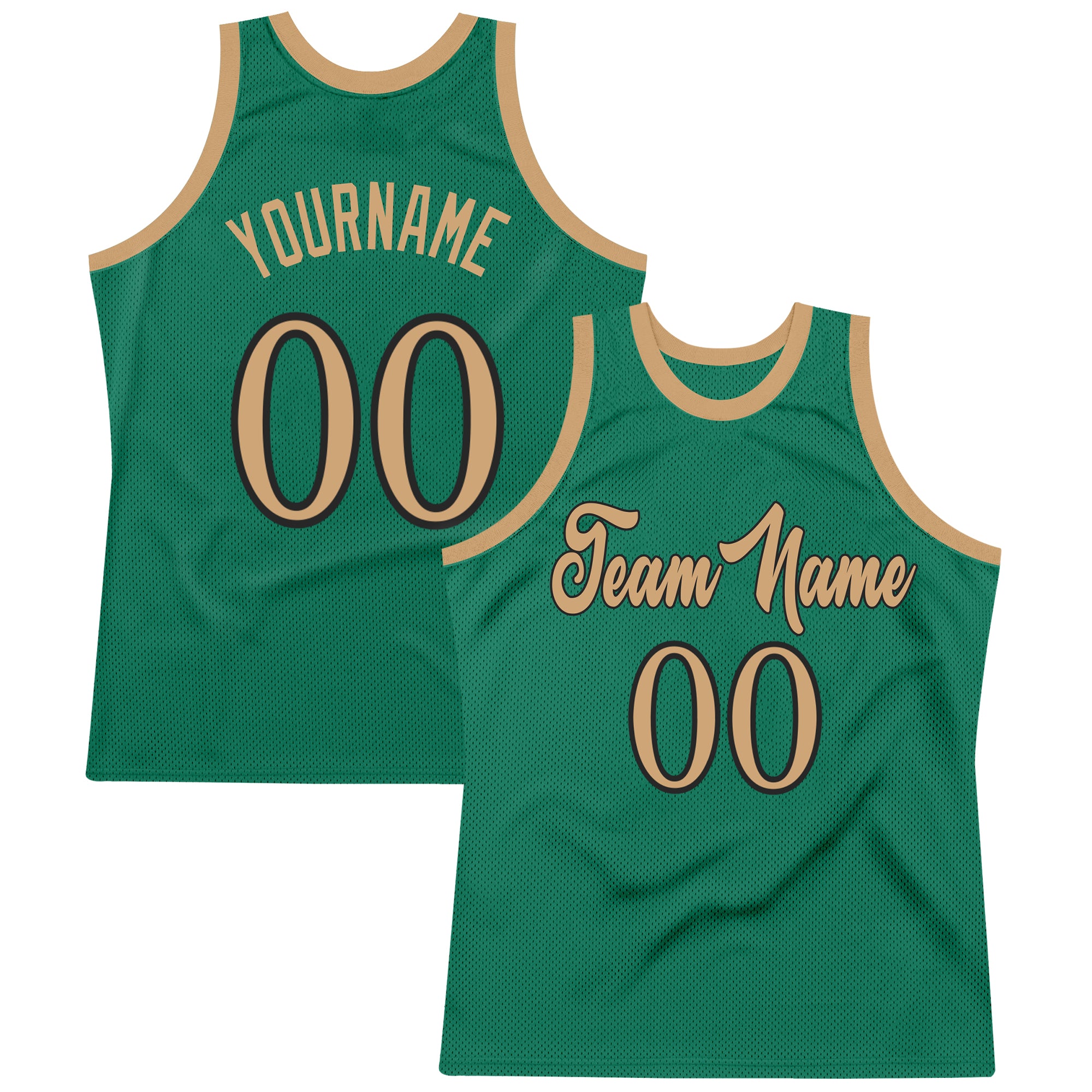 Custom Basketball Jersey with Personalized Name and Number in Kelly Green, Old Gold and Black, Authentic Throwback Design