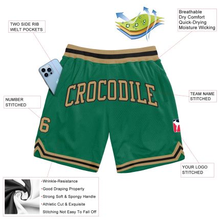 Personalized Authentic Throwback Basketball Shorts in Kelly Green, Old Gold, and Black Personalized Kelly Green Old Gold-Black
