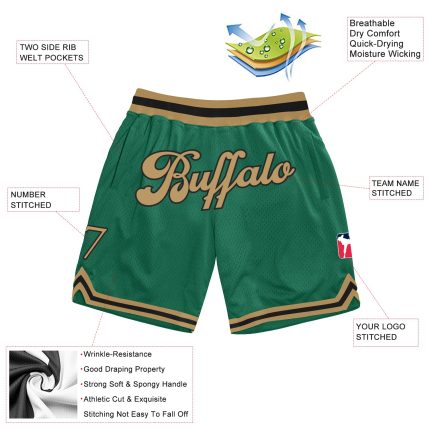 Custom Team Basketball Shorts with Name and Number - Kelly Green Old Gold-Black Authentic Throwback Personalized Kelly Green