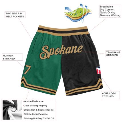 Custom Personalized Basketball Shorts - Kelly Green, Old Gold & Black, Authentic Throwback Split, Team Name & Number Personalized