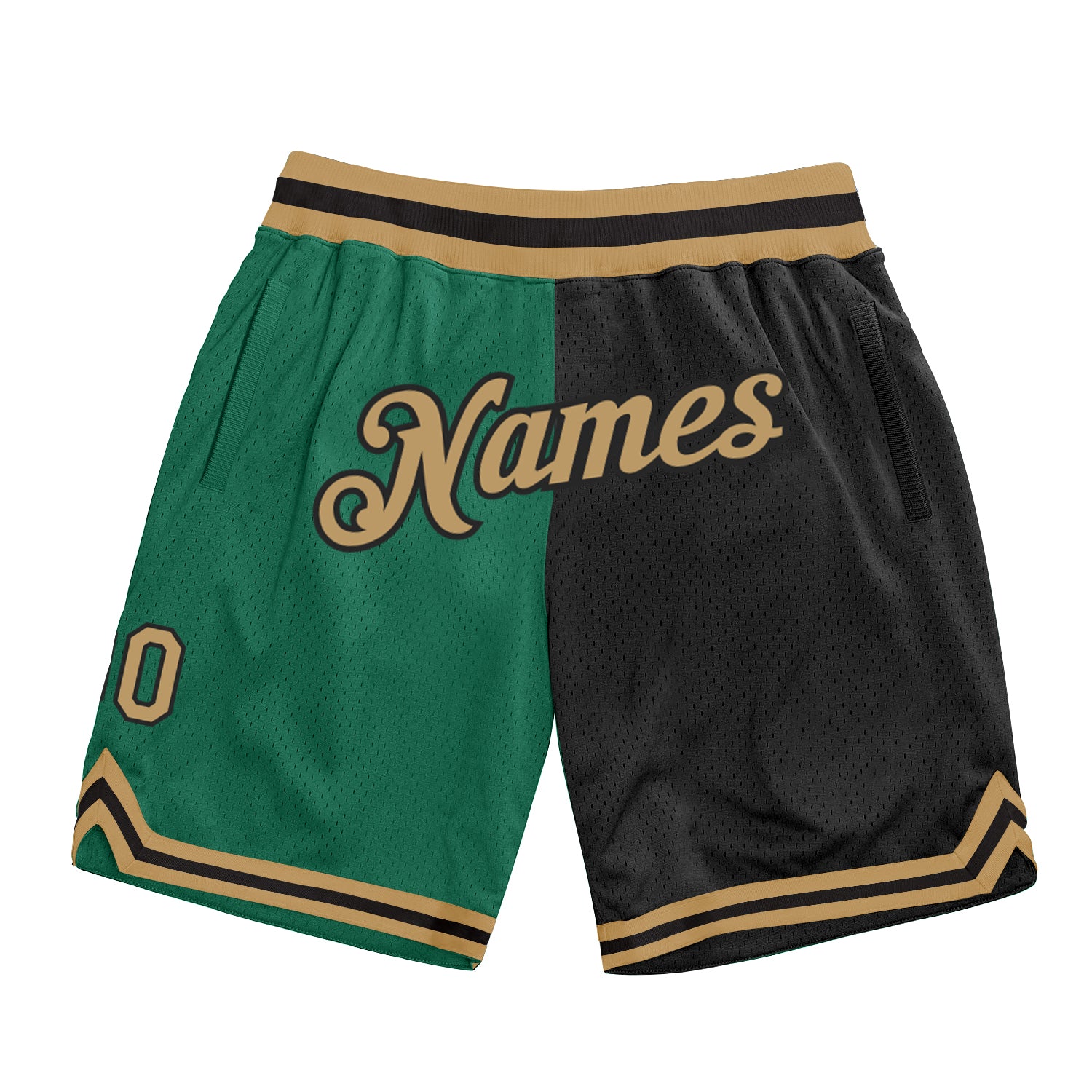 Custom Personalized Basketball Shorts - Kelly Green, Old Gold & Black, Authentic Throwback Split, Team Name & Number Personalized