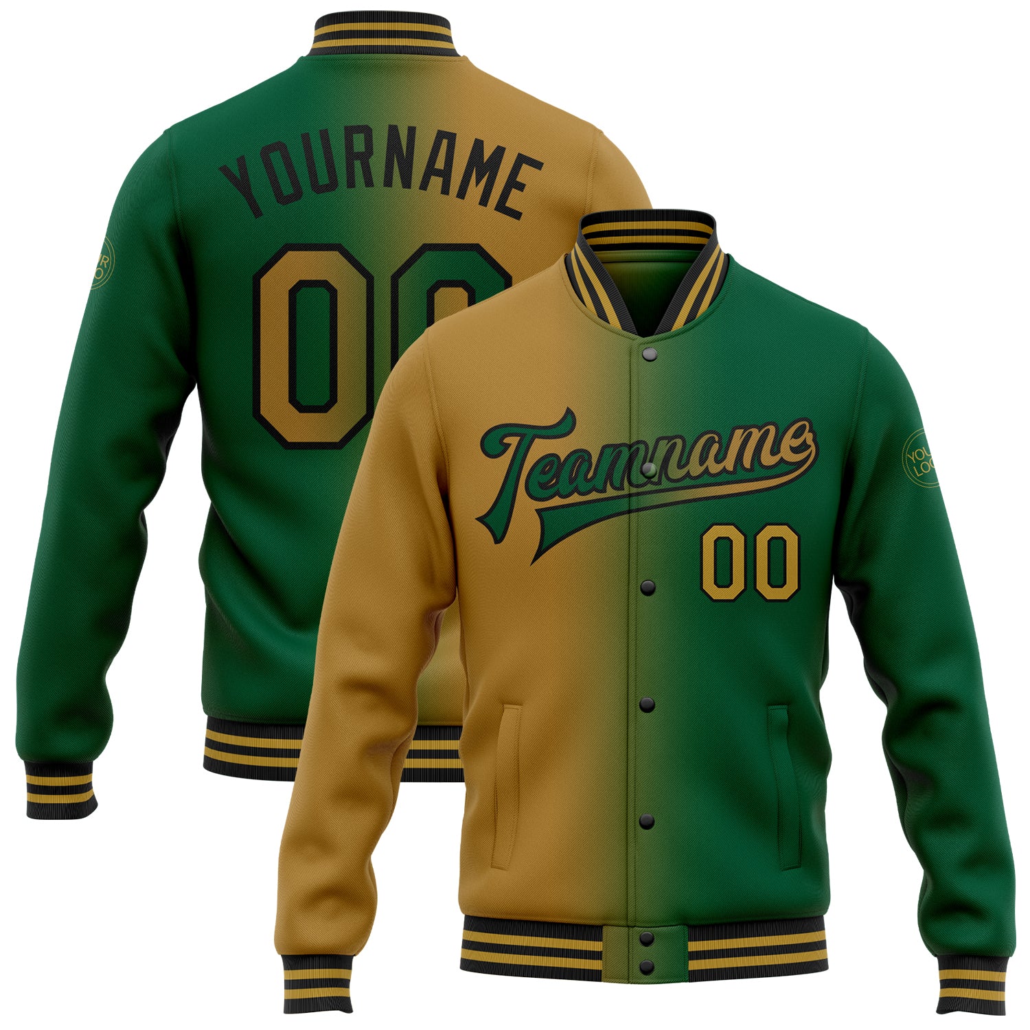 Custom Team Name Number Kelly Green Old Gold Black Bomber Full-Snap Varsity Jacket Gradient Fashion Personalized Kelly Green