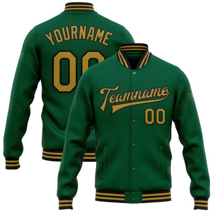 Personalized Bomber Varsity Letterman Jacket in Kelly Green and Old Gold-Black Personalized Kelly Green Old Gold-Black Bomber