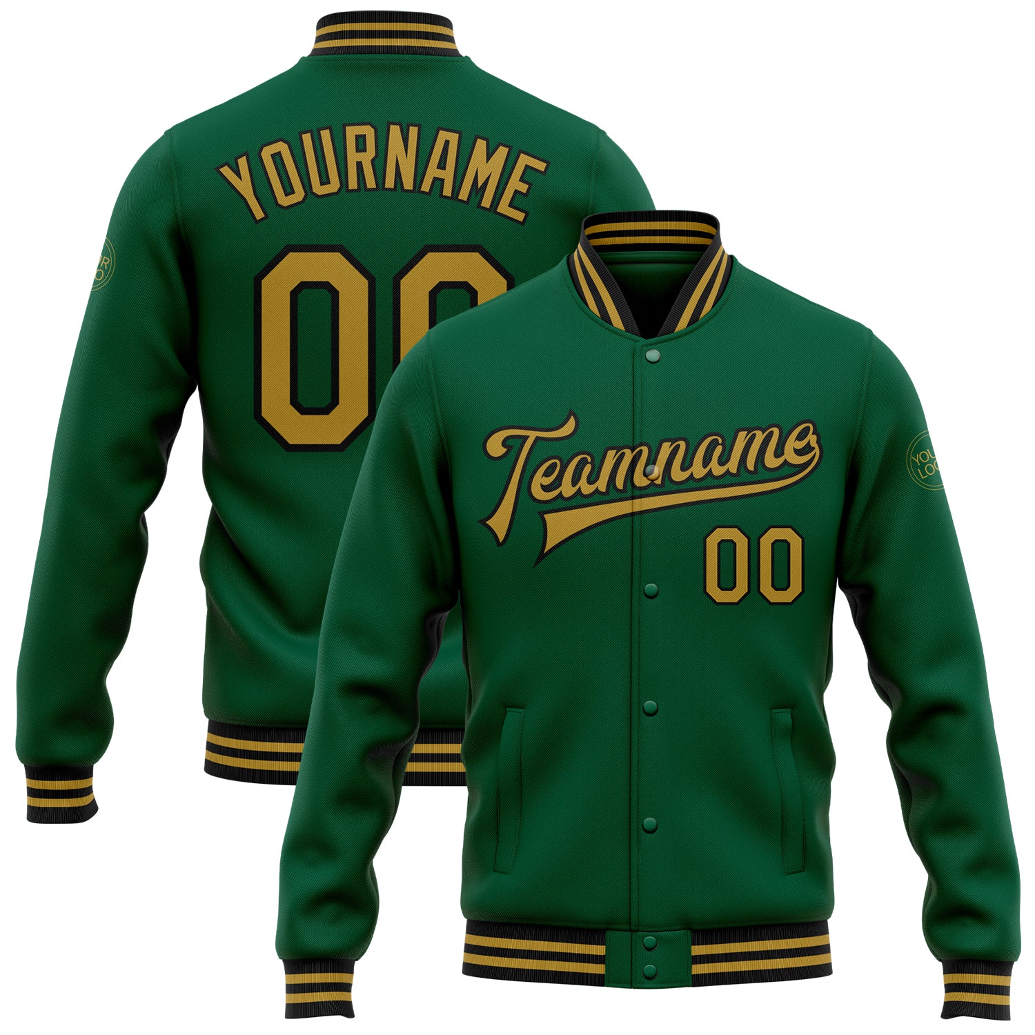 Personalized Bomber Varsity Letterman Jacket in Kelly Green and Old Gold-Black Personalized Kelly Green Old Gold-Black Bomber