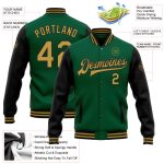 Personalized Bomber Jacket in Kelly Green and Old Gold-Black, Full-Snap Varsity Letterman Style, Two Tone Design Personalized