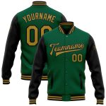 Personalized Bomber Jacket in Kelly Green and Old Gold-Black, Full-Snap Varsity Letterman Style, Two Tone Design Personalized