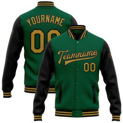 Personalized Bomber Jacket in Kelly Green and Old Gold-Black, Full-Snap Varsity Letterman Style, Two Tone Design Personalized