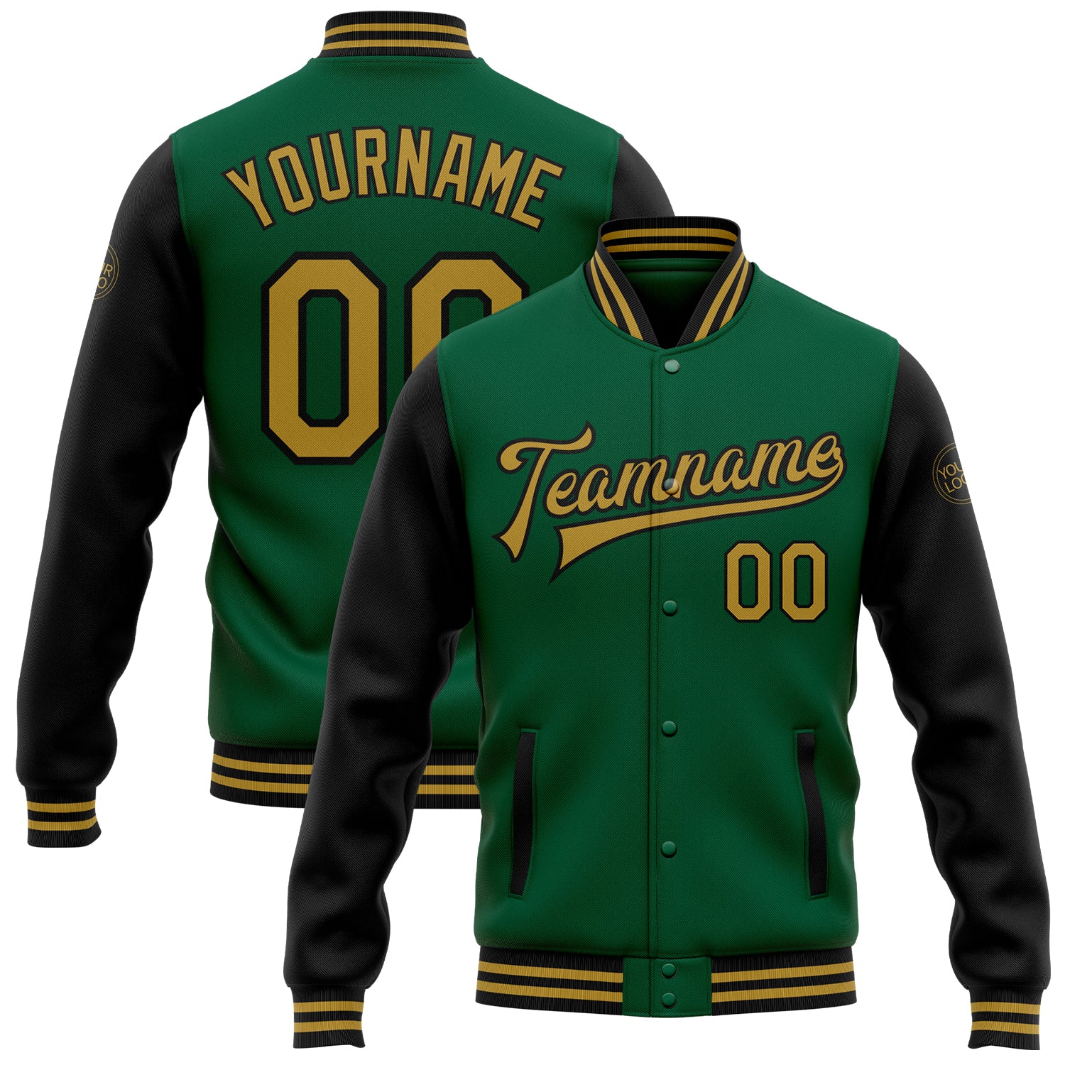 Personalized Bomber Jacket in Kelly Green and Old Gold-Black, Full-Snap Varsity Letterman Style, Two Tone Design Personalized
