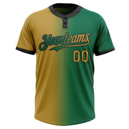 Custom Name and Number Unisex Softball Jersey in Kelly Green and Old Gold-Black Gradient, Two-Button Design Personalized