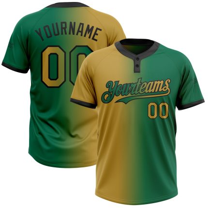 Custom Name and Number Unisex Softball Jersey in Kelly Green and Old Gold-Black Gradient, Two-Button Design Personalized