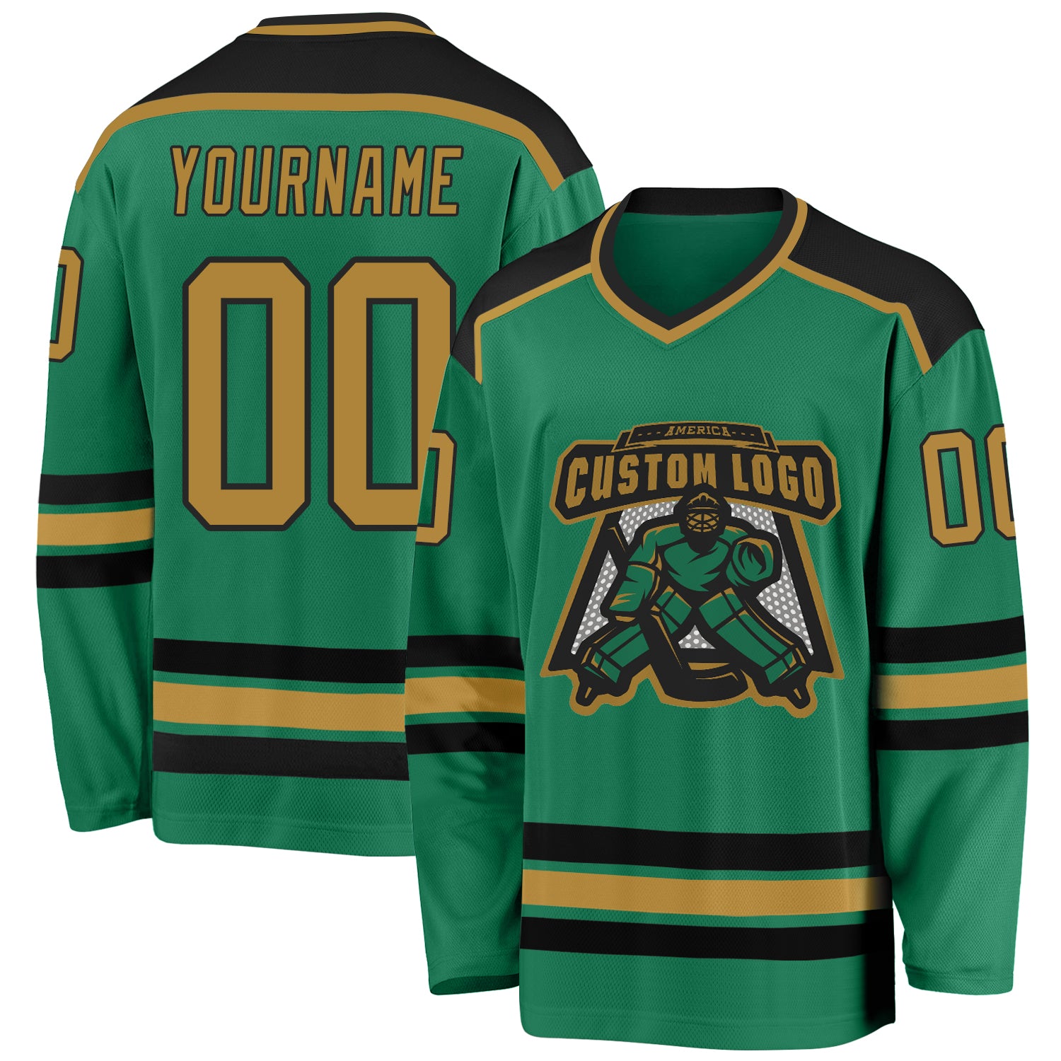 Personalized Green Black Hockey Jersey - Custom Kelly Gold Team Jersey Personalized Kelly Green Old Gold-Black Hockey Jersey