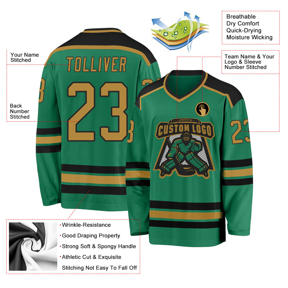Personalized Kelly Green Old Gold-Black Hockey Jersey Personalized Green Black Hockey Jersey - Custom Kelly Gold Team Jersey Personalized Kelly Green Old Gold-Black Hockey Jersey - Image 3