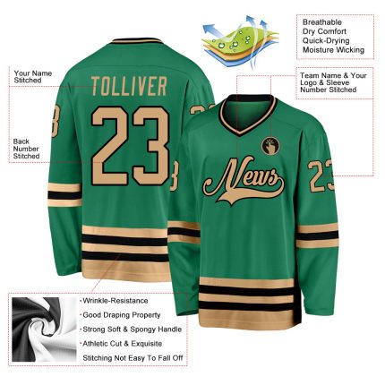 Custom Name & Number Hockey Jersey in Kelly Green & Old Gold-Black - Personalized Team Apparel Personalized Kelly Green Old