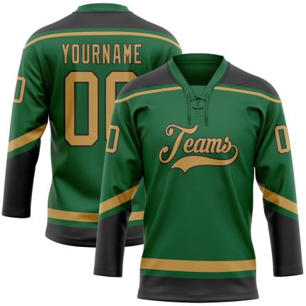 Custom Name and Number Jersey - Personalized Hockey Lace Neck in Kelly Green and Old Gold-Black Personalized Kelly Green