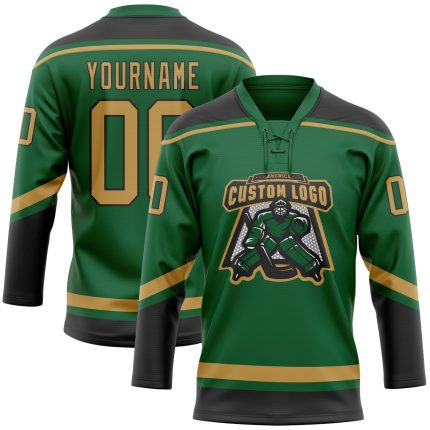 Custom Name and Number Jersey - Personalized Hockey Lace Neck in Kelly Green and Old Gold-Black Personalized Kelly Green