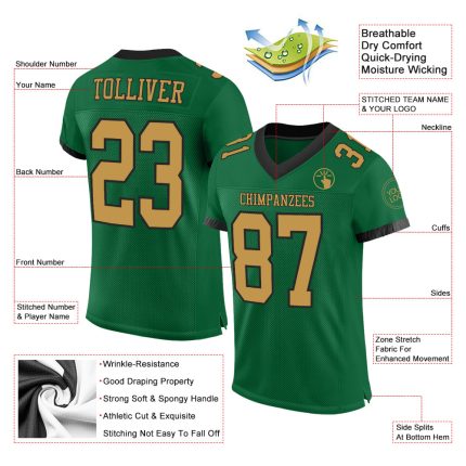 Personalized Kelly Green Football Jersey with Black Mesh in Old Gold - Authentic Design Personalized Kelly Green Old Gold-Black