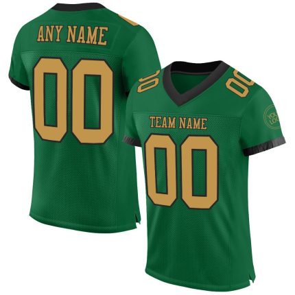 Personalized Kelly Green Football Jersey with Black Mesh in Old Gold - Authentic Design Personalized Kelly Green Old Gold-Black
