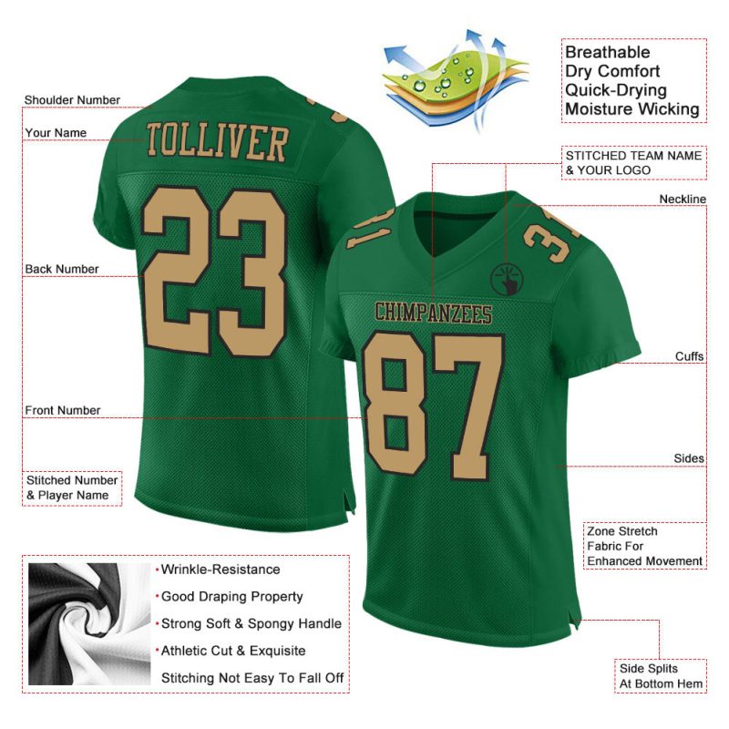 Custom Team Football Jersey with Personalized Name and Number, Kelly Green and Old Gold-Black Mesh Authentic Design Personalized