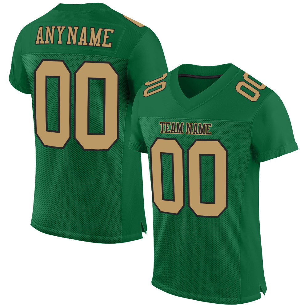 Custom Team Football Jersey with Personalized Name and Number, Kelly Green and Old Gold-Black Mesh Authentic Design Personalized