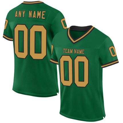 Personalized Throwback Football Jersey with Custom Name and Number in Kelly Green Old Gold-Black Mesh Personalized Kelly