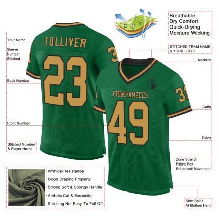 Personalized Throwback Football Jersey with Custom Name and Number in Kelly Green Old Gold-Black Mesh Personalized Kelly