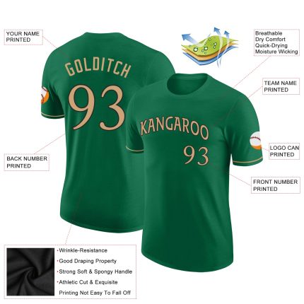Custom Personalized Team T-Shirt with Name and Number in Kelly Green and Old Gold-Black Performance Fabric Personalized Kelly