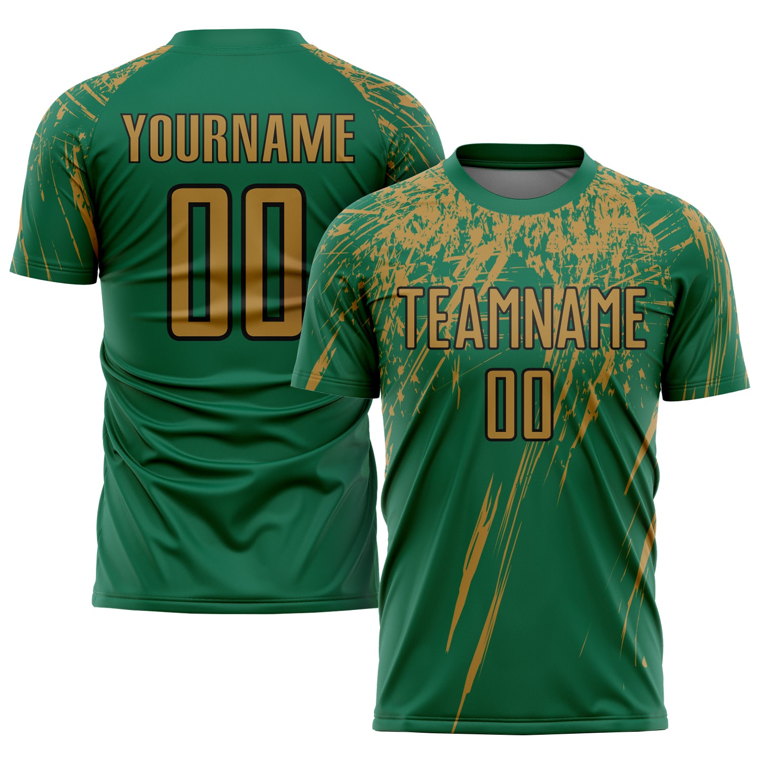 Custom Soccer Jersey with Personalized Name and Number in Kelly Green and Old Gold-Black, Sublimation Team Uniform Personalized