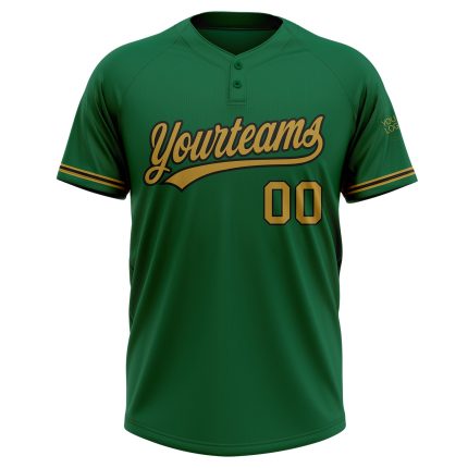 Personalized Unisex Softball Jersey in Kelly Green Old Gold-Black Two-Button Design Personalized Kelly Green Old Gold-Black