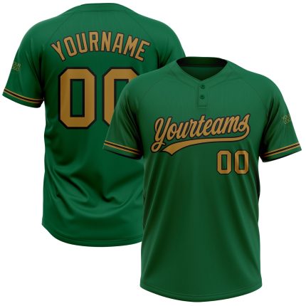 Personalized Unisex Softball Jersey in Kelly Green Old Gold-Black Two-Button Design Personalized Kelly Green Old Gold-Black
