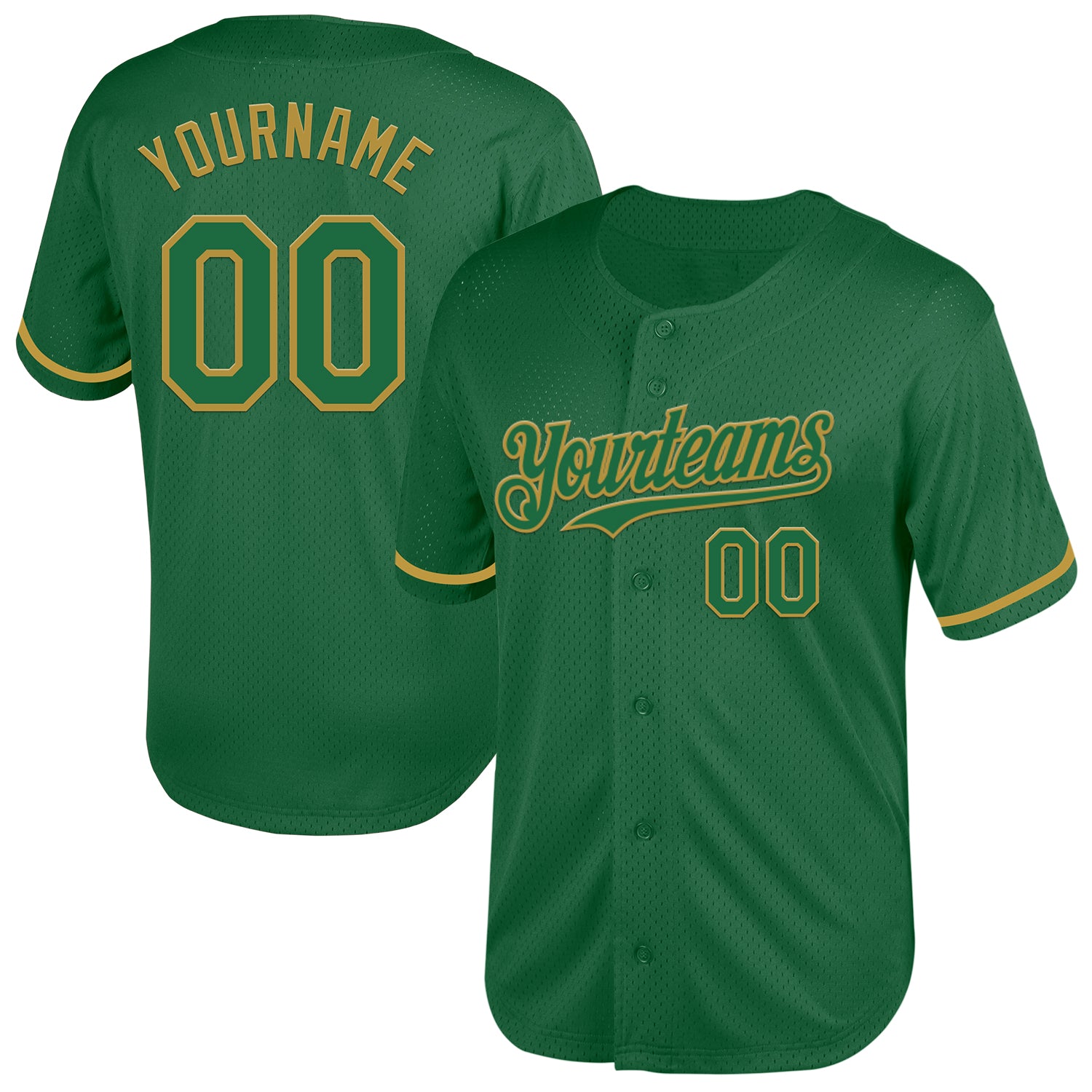 Custom Name and Number Kelly Green Old Gold Throwback Baseball Jersey - Authentic Mesh Team Apparel Personalized Kelly Green