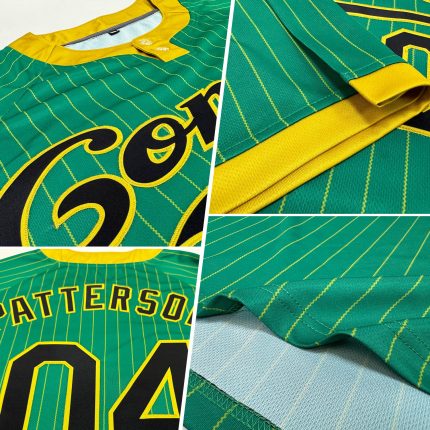 Custom Team Softball Jersey, Personalized Unisex Two-Button, Kelly Green & Old Gold Pinstripe, Custom Name & Number Personalized
