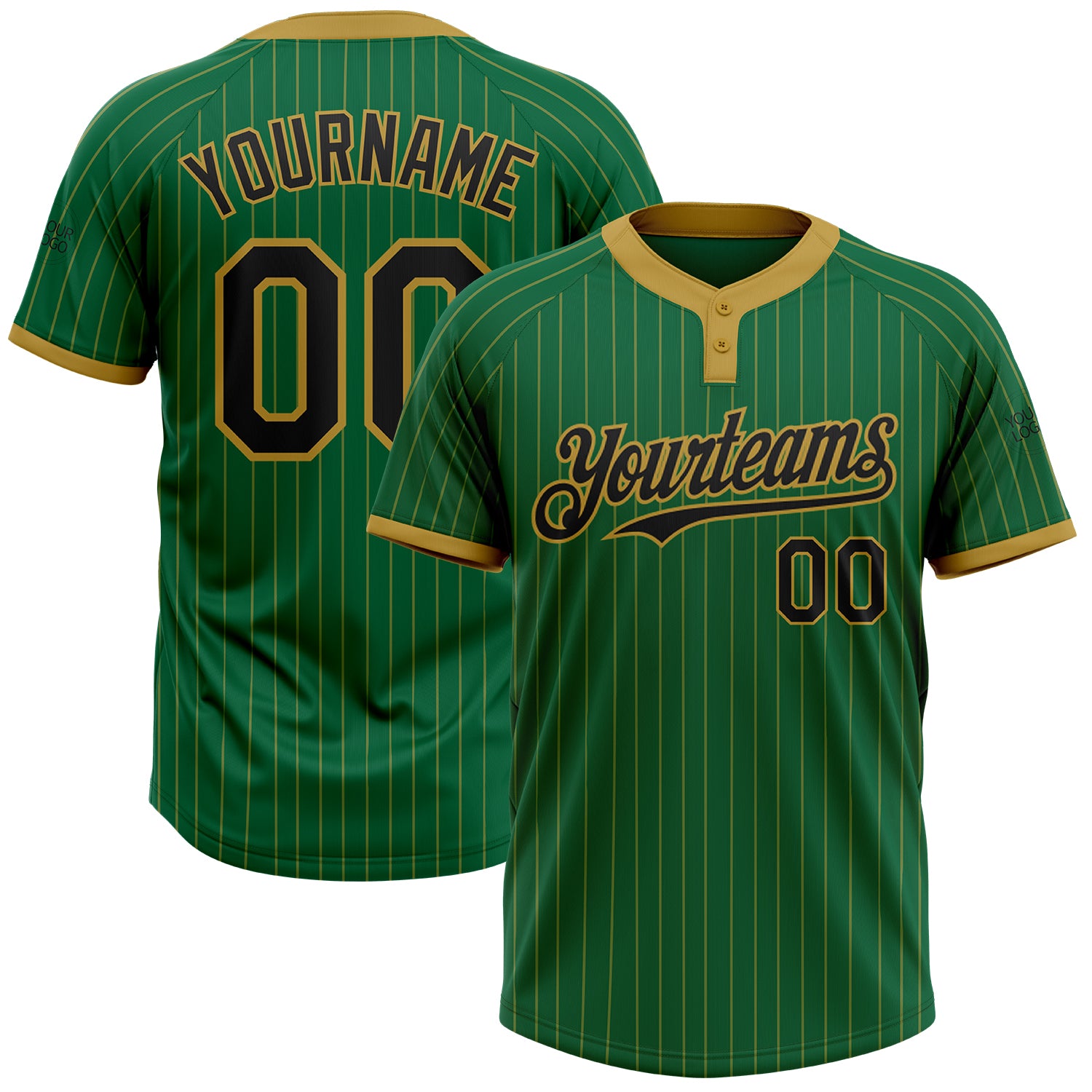 Custom Team Softball Jersey, Personalized Unisex Two-Button, Kelly Green & Old Gold Pinstripe, Custom Name & Number Personalized