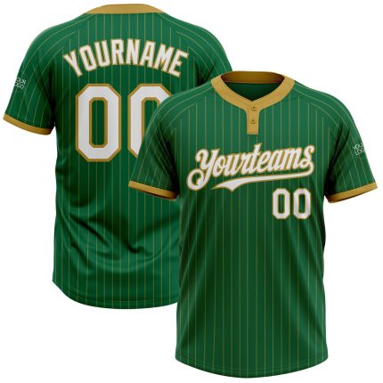Customizable Kelly Green Old Gold Pinstripe Softball Jersey Two-Button Unisex with Name and Number Personalized Kelly Green