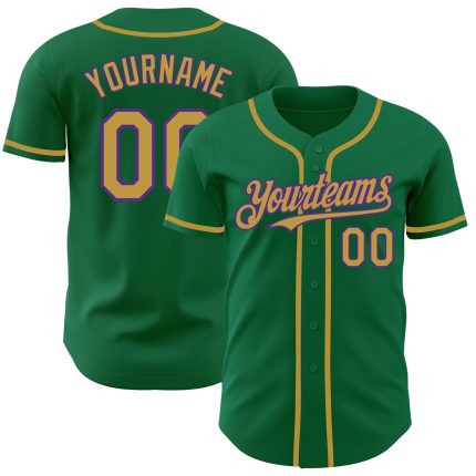 Custom Name and Number Authentic Baseball Jersey in Kelly Green, Old Gold, and Purple - Team Colors Personalized Kelly Green