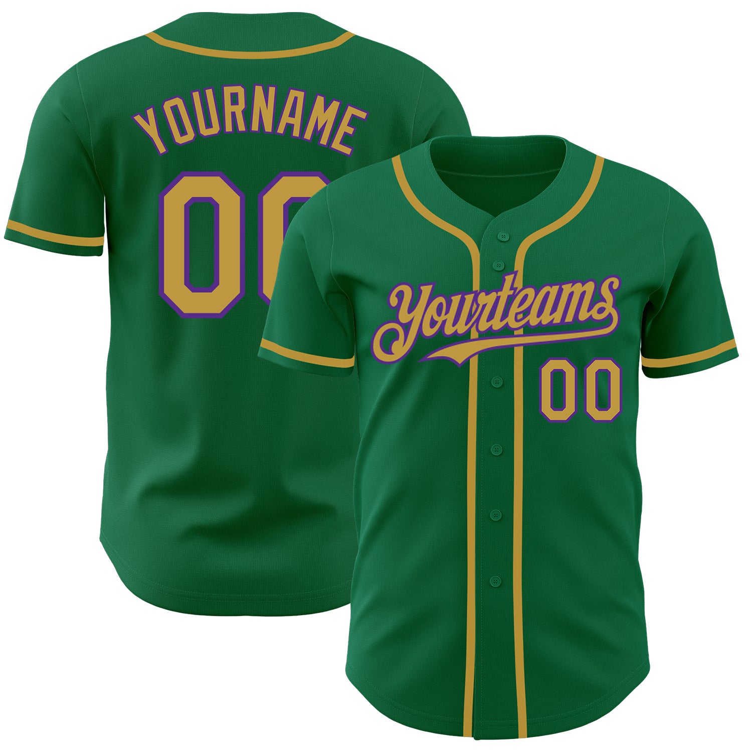 Custom Name and Number Authentic Baseball Jersey in Kelly Green, Old Gold, and Purple - Team Colors Personalized Kelly Green