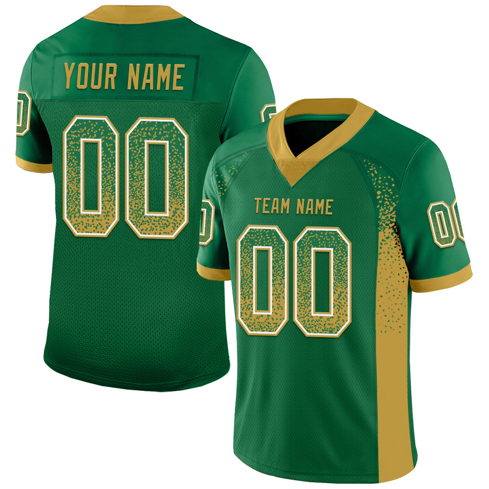 Custom Name Number Football Jersey - Personalized Kelly Green Old Gold-White Mesh Drift Design Personalized Kelly Green Old