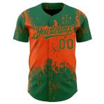 Custom Name and Number Baseball Jersey - Kelly Green 3D Orange Splatter Grunge Art Design Personalized Kelly Green Orange