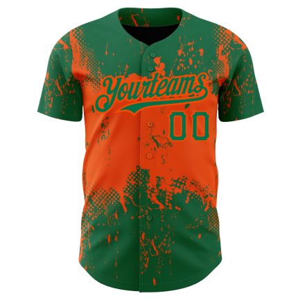Custom Name and Number Baseball Jersey - Kelly Green 3D Orange Splatter Grunge Art Design Personalized Kelly Green Orange