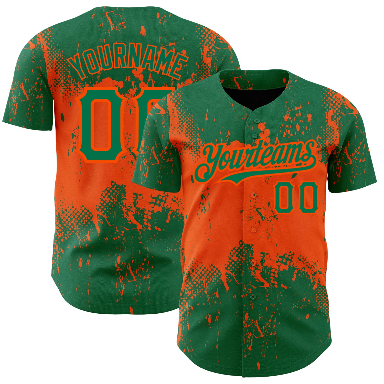 Custom Name and Number Baseball Jersey - Kelly Green 3D Orange Splatter Grunge Art Design Personalized Kelly Green Orange