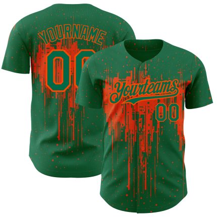 Custom 3D Dripping Splatter Art Baseball Jersey with Personalized Name & Number - Kelly Green & Orange Design Personalized